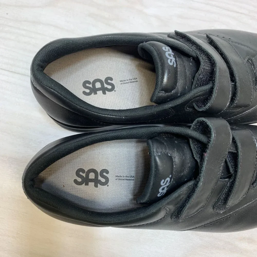SAS Me Too‎ Black Leather Hook Loop Walking Shoes Womens Size 9 WW Comfort